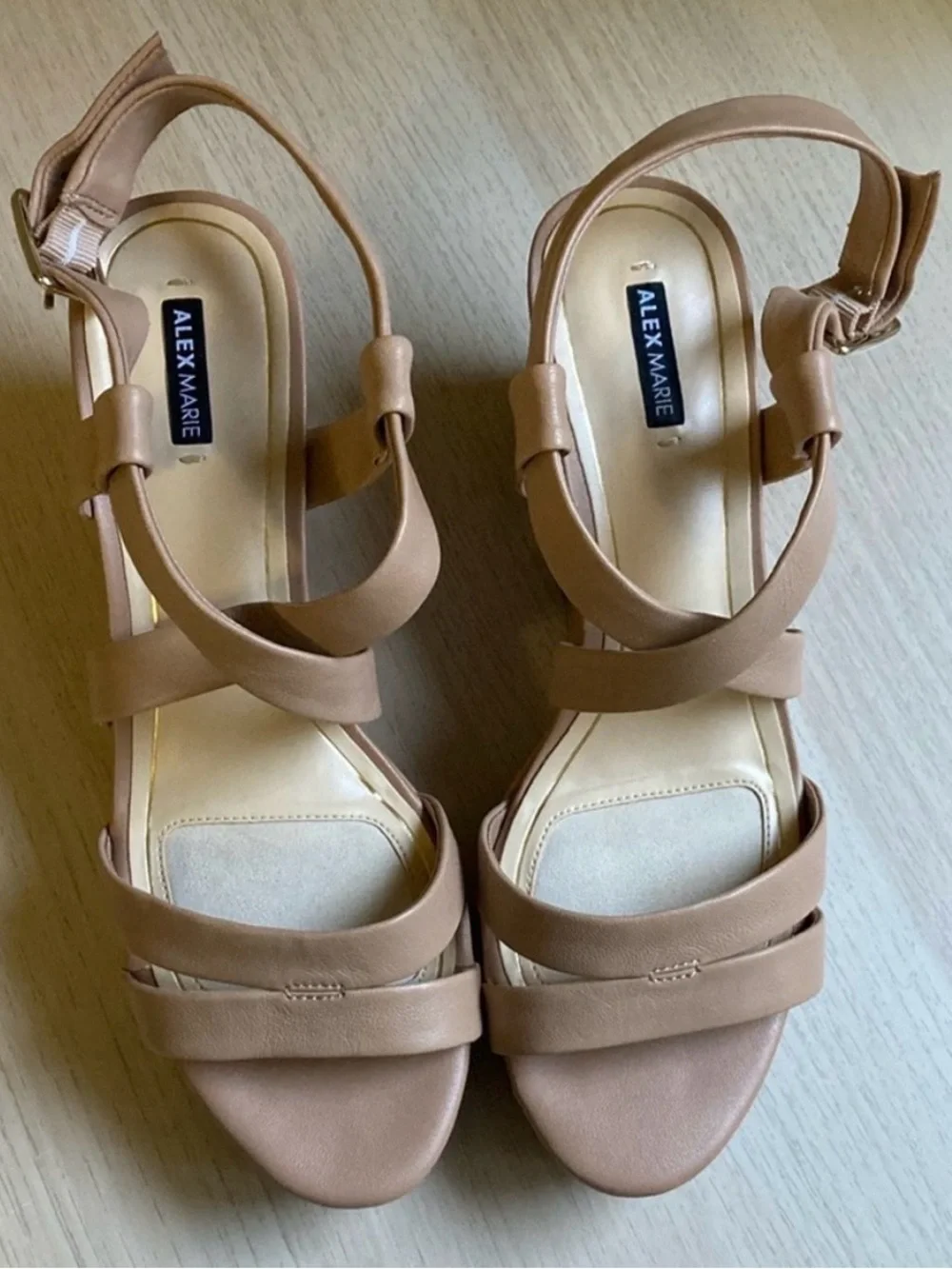 Alex Marie Nude/Tan Crisscross Wedge Sandals with Buckle, Women’s Size 9